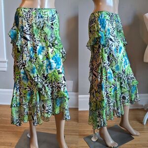Vintage Y2K Russel Kemp Silk Skirt Tropical Floral Animal Print Fairycore Size 8